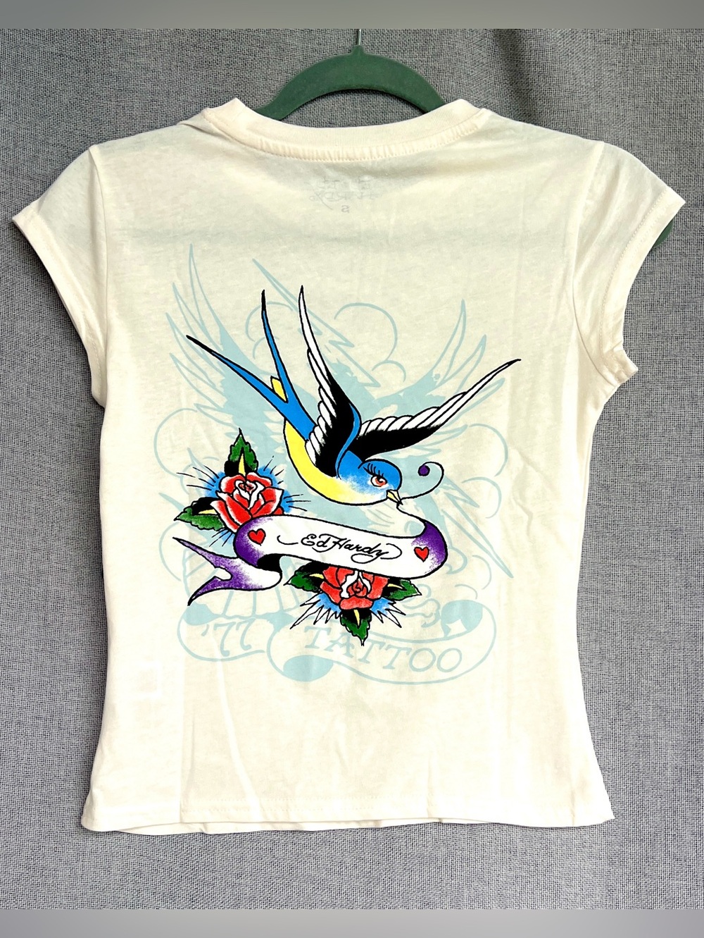 Ed Hardy floral orchid swallow print cotton Tshirt ivory size S
